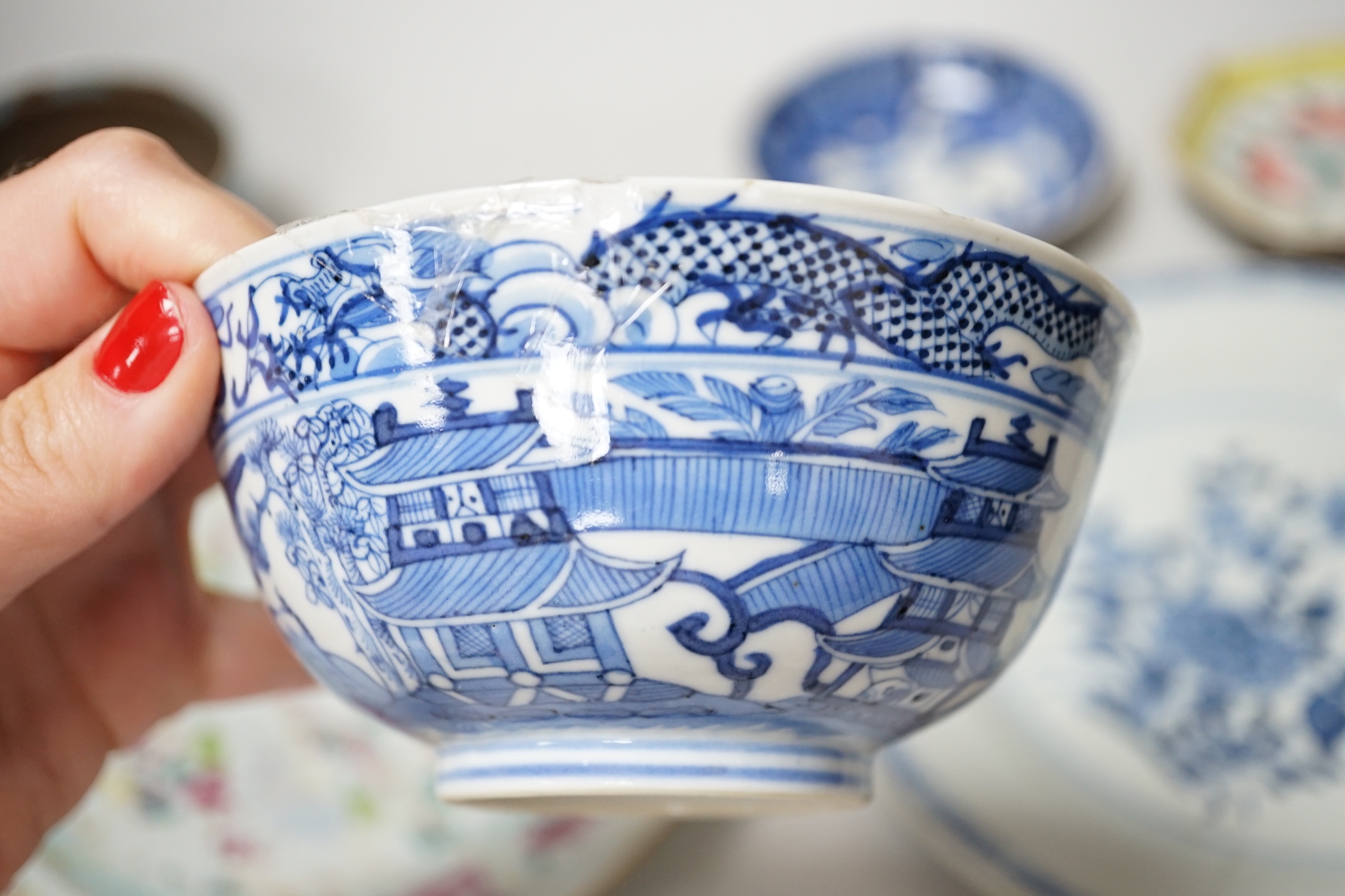 Two 18th century Chinese export plates and four Chinese bowls/dishes, largest 22cm diameter